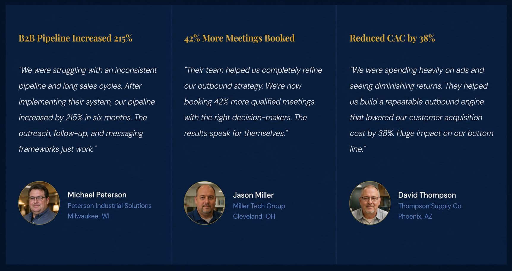 B2B client results — pipeline increased 215%, 42% more meetings booked, CAC reduced 38%